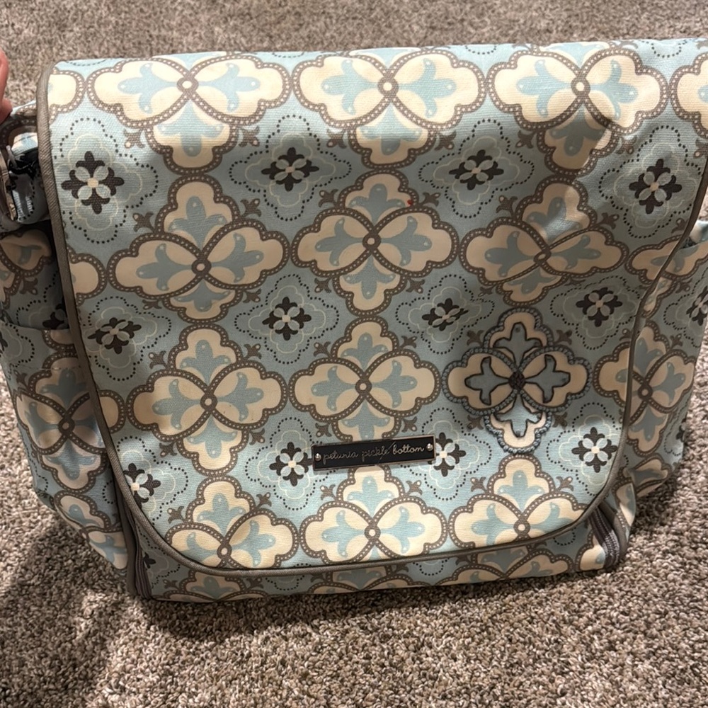 Petunia Pickle Bottom Blue and Cream Baby Bag with Geometric Pattern